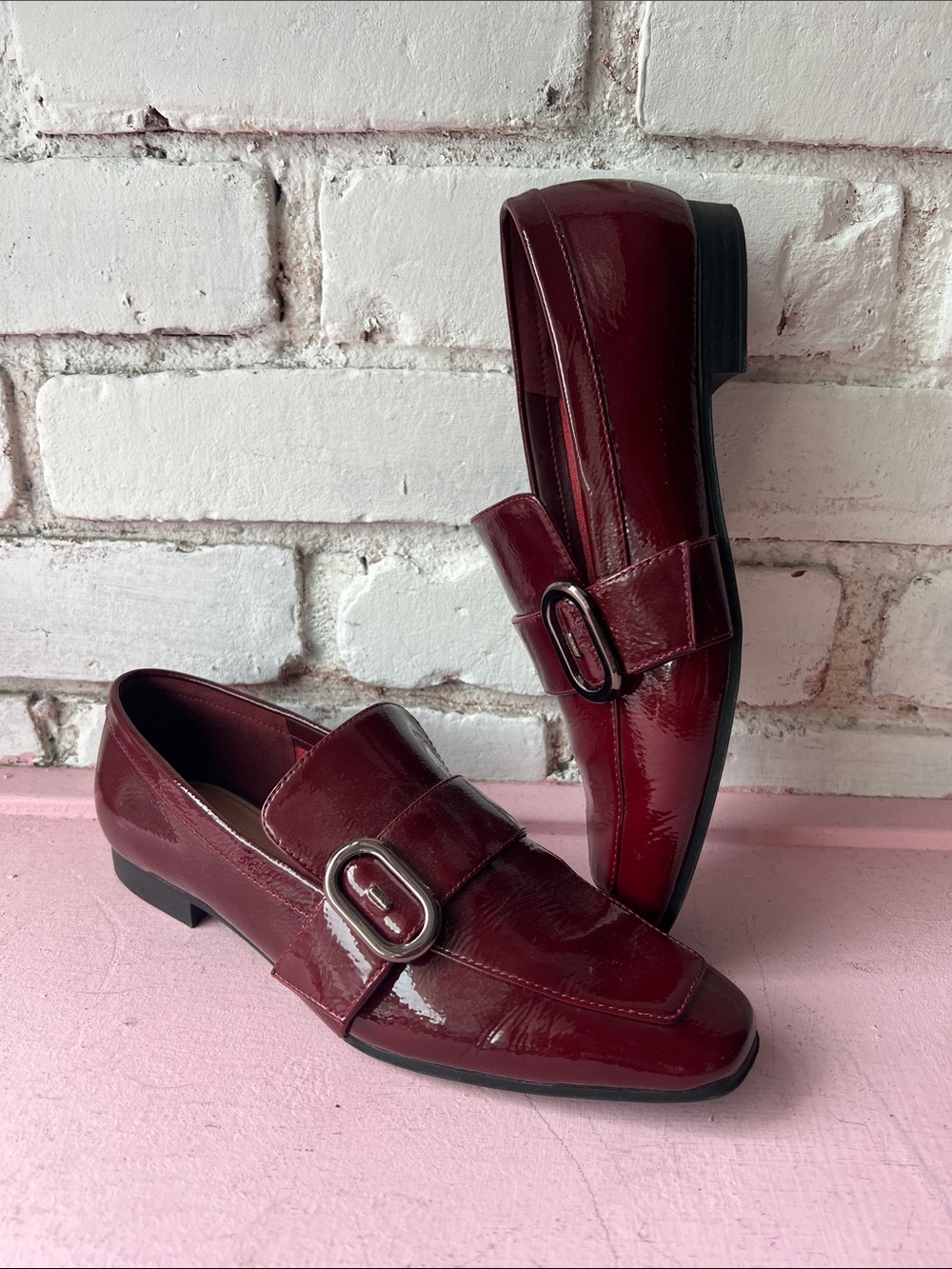 Women’s pointed square Patent Burgundy Slip-On Loafers with Buckle Accent